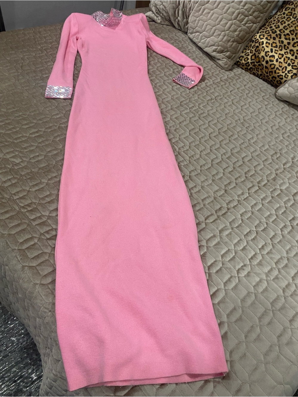 Pink Long Sleeve  Retrofete Maxi Dress with Sequin Trim